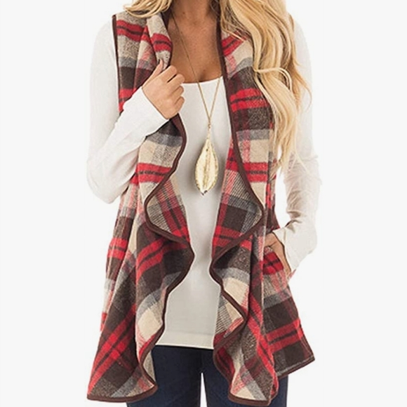Buffalo Plaid Vest Casual Lapel Open Front Sleeveless Cardigan - Picture 4 of 6